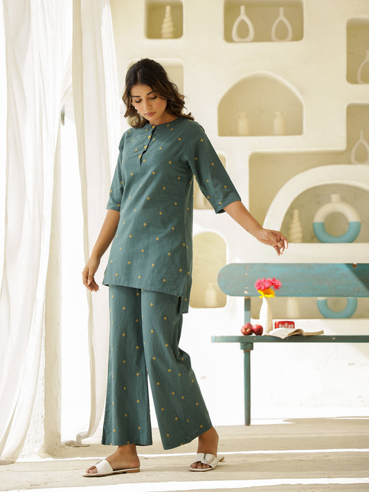 Green Cotton Three-Quarter Sleeves Floral Kurta & Palazzo