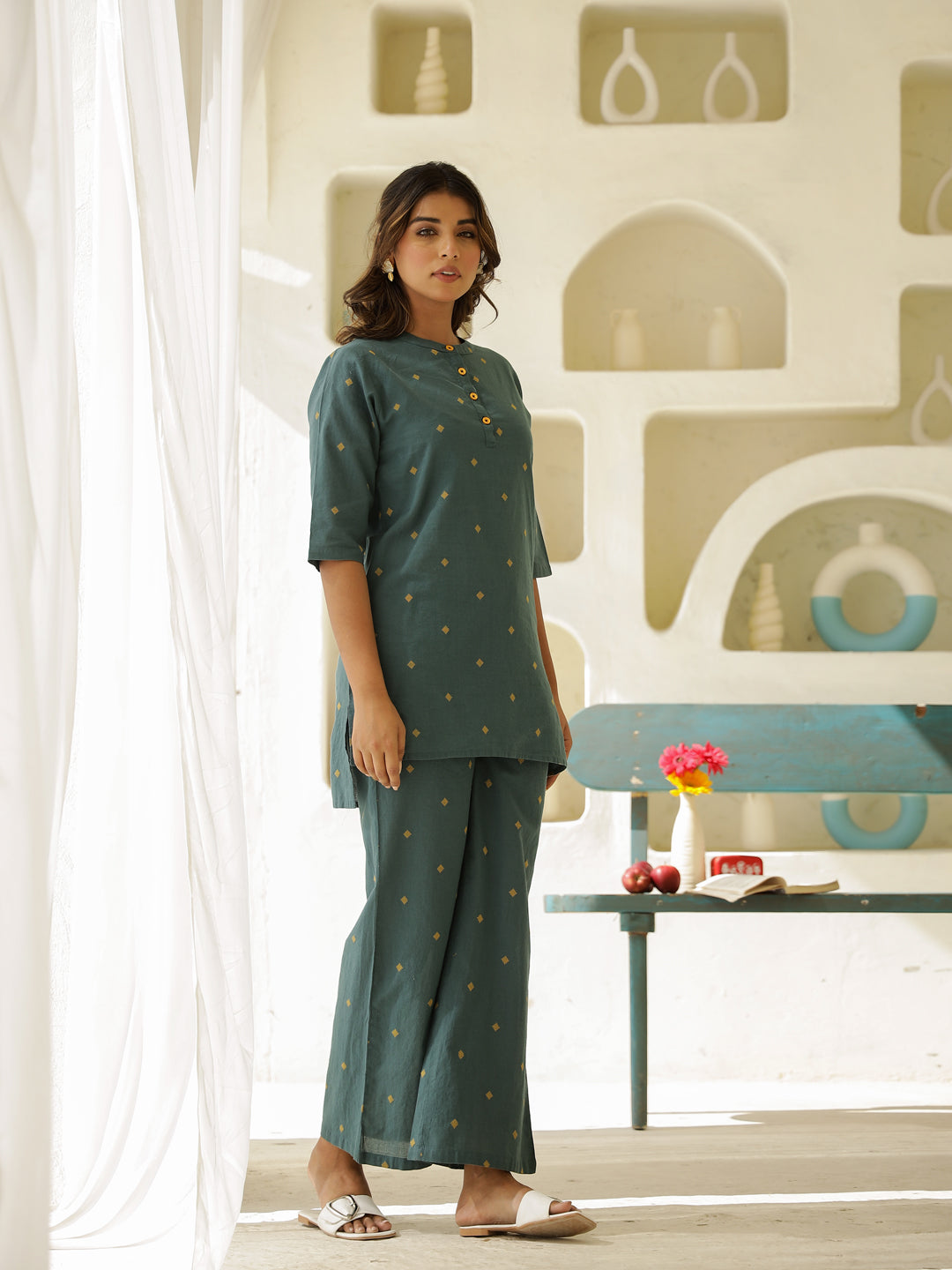 Green Cotton Three-Quarter Sleeves Floral Kurta & Palazzo