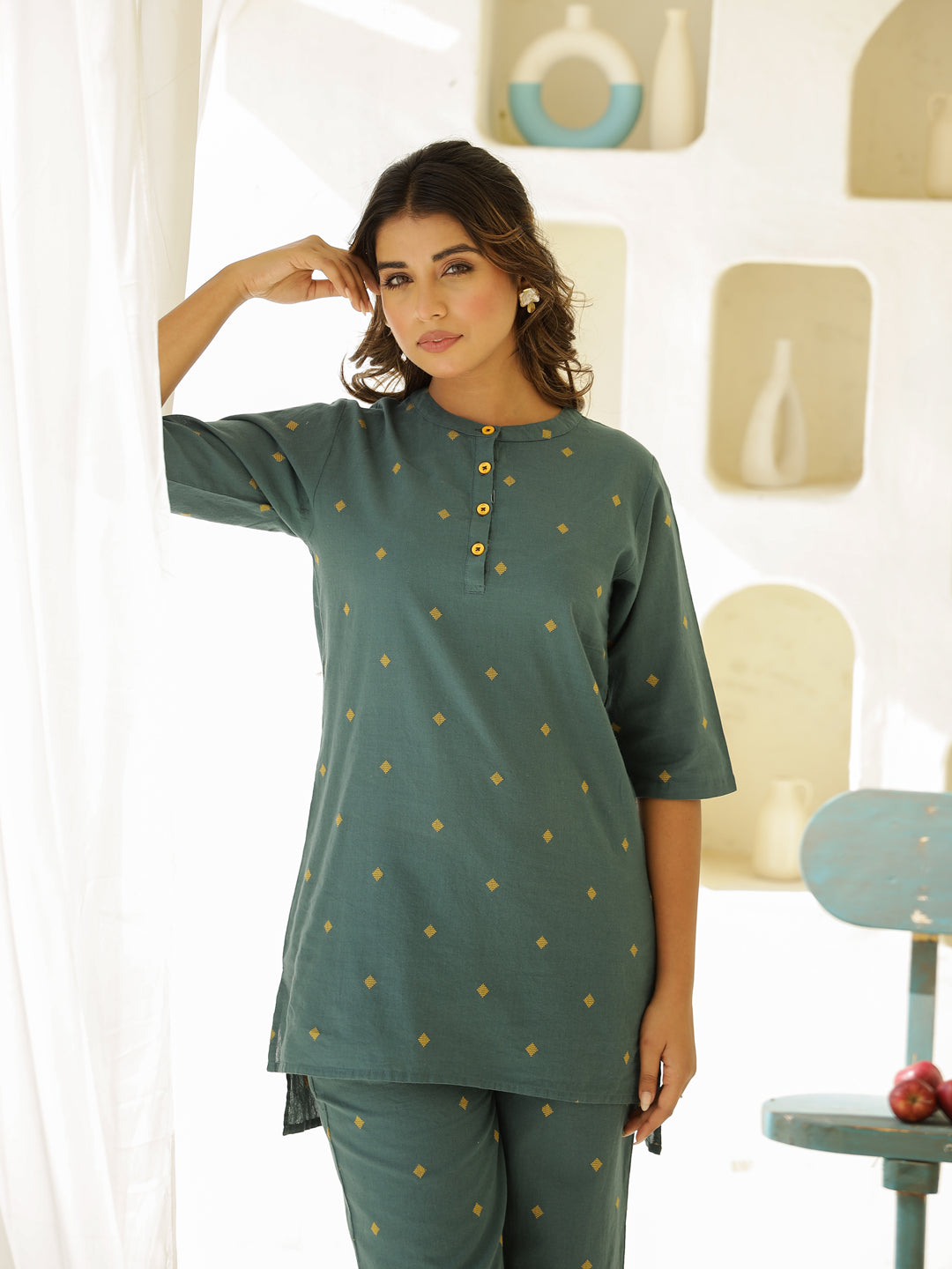 Green Cotton Three-Quarter Sleeves Floral Kurta & Palazzo