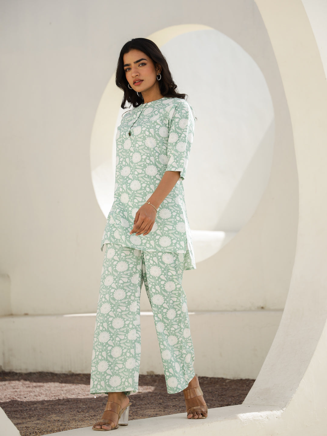 Green Cotton Three-Quarter Sleeves Floral Kurta & Palazzo