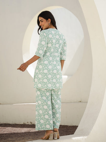Green Cotton Three-Quarter Sleeves Floral Kurta & Palazzo