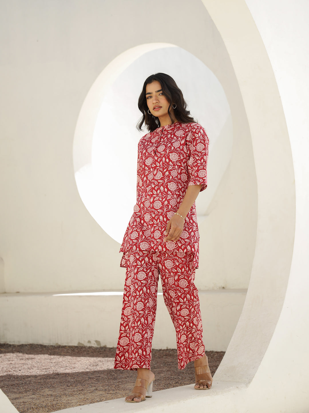 Red Cotton Three-Quarter Sleeves Floral Kurta & Palazzo