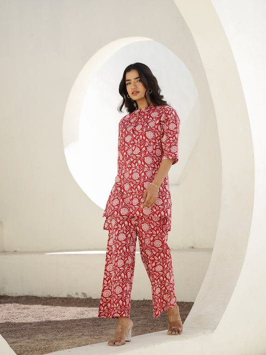Red Cotton Three-Quarter Sleeves Floral Kurta & Palazzo