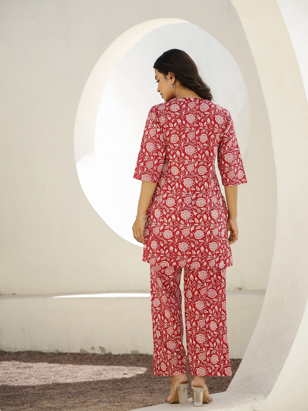 Red Cotton Three-Quarter Sleeves Floral Kurta & Palazzo