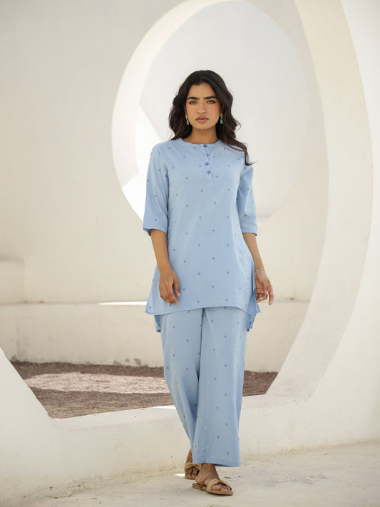 Blue Cotton Three-Quarter Sleeves Floral Kurta & Palazzo