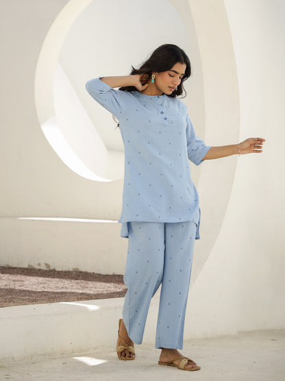 Blue Cotton Three-Quarter Sleeves Floral Kurta & Palazzo