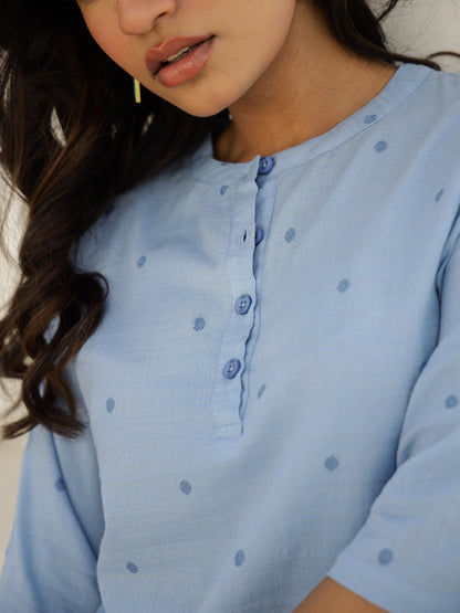 Blue Cotton Three-Quarter Sleeves Floral Kurta & Palazzo