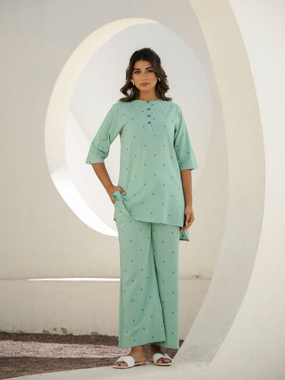 Green Cotton Three-Quarter Sleeves Floral Kurta & Palazzo