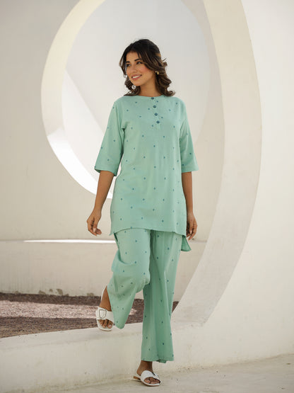 Green Cotton Three-Quarter Sleeves Floral Kurta & Palazzo