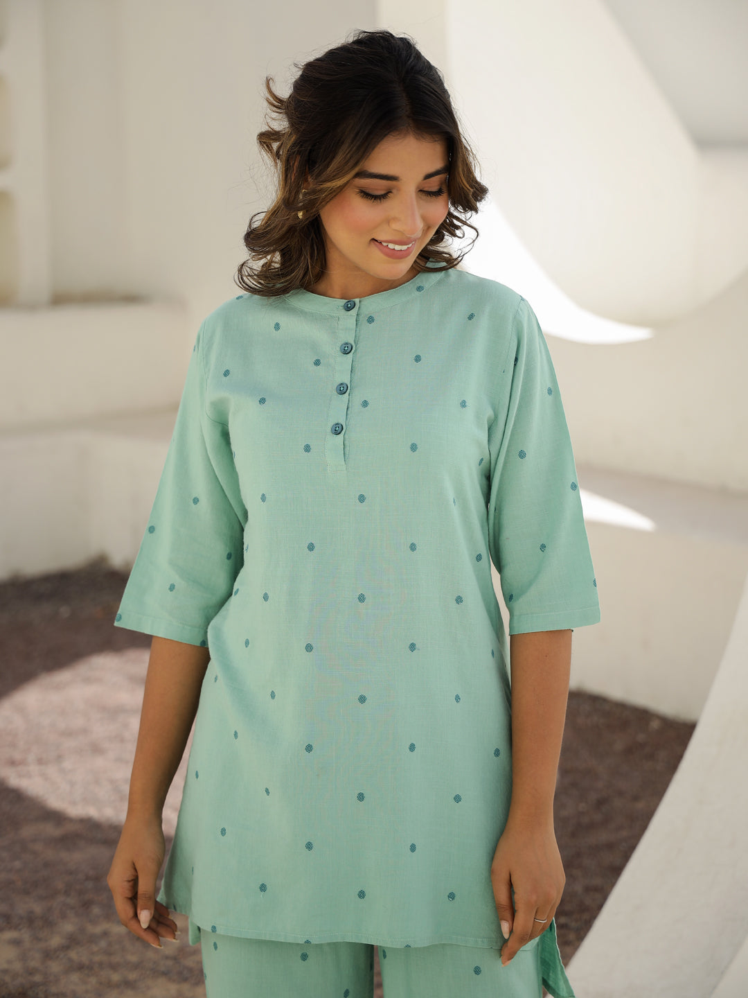 Green Cotton Three-Quarter Sleeves Floral Kurta & Palazzo