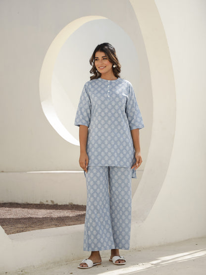 Blue Cotton Three-Quarter Sleeves Floral Kurta & Palazzo