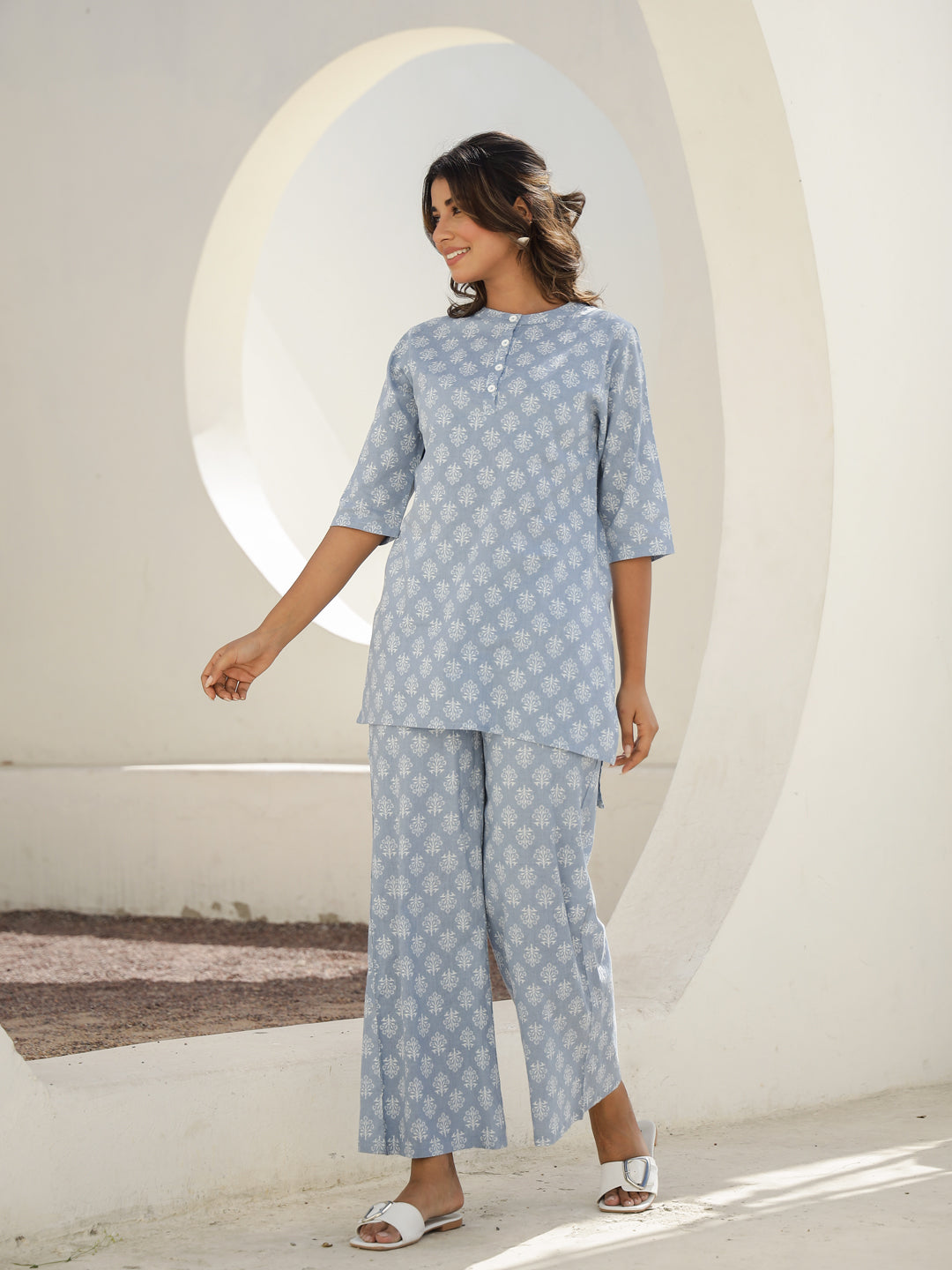 Blue Cotton Three-Quarter Sleeves Floral Kurta & Palazzo