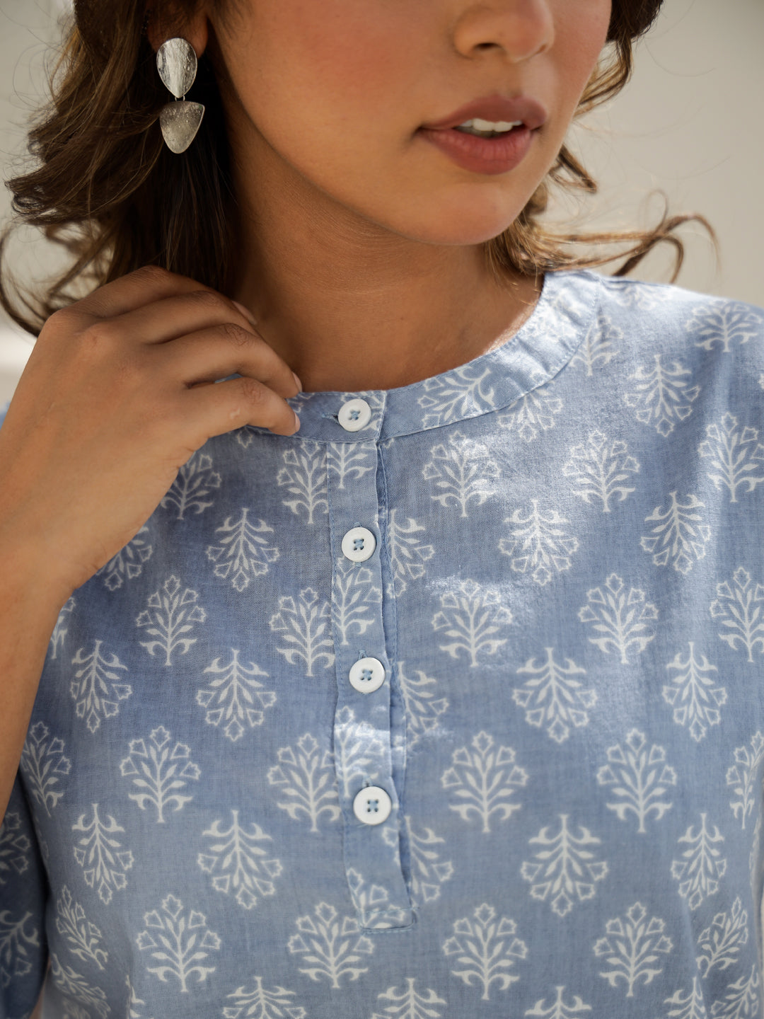Blue Cotton Three-Quarter Sleeves Floral Kurta & Palazzo