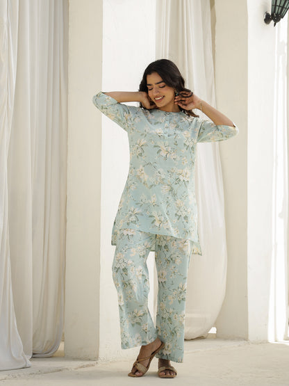 Sea Cotton Three-Quarter Sleeves Floral Kurta & Palazzo