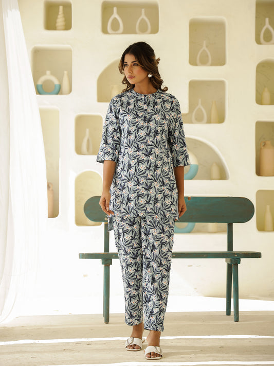 Blue Cotton Three-Quarter Sleeves Floral Kurta & Palazzo