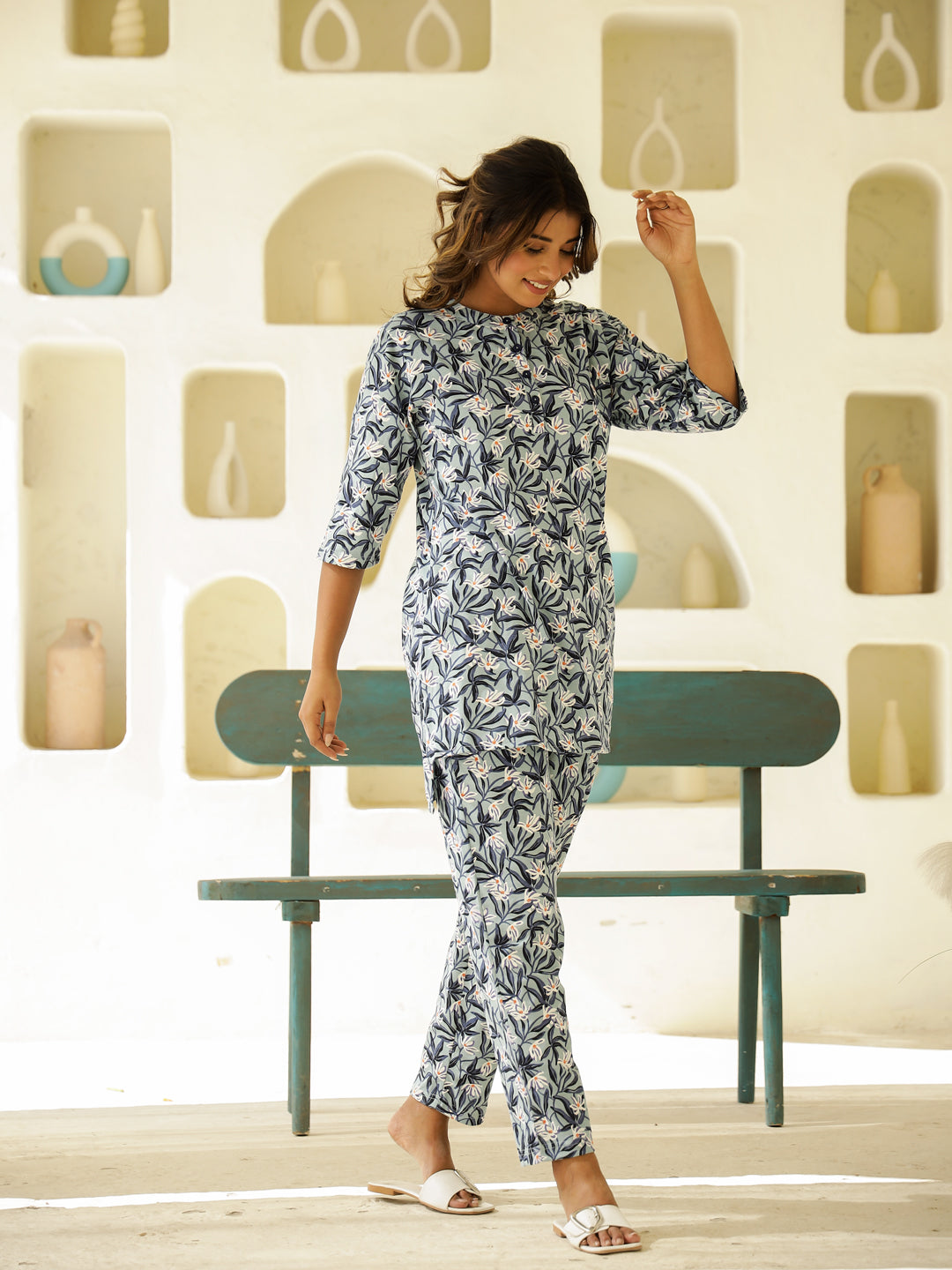 Blue Cotton Three-Quarter Sleeves Floral Kurta & Palazzo