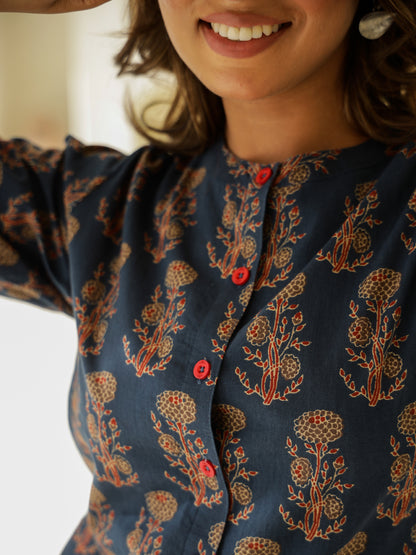 Blue Cotton Three-Quarter Sleeves Floral Kurta & Pyjama