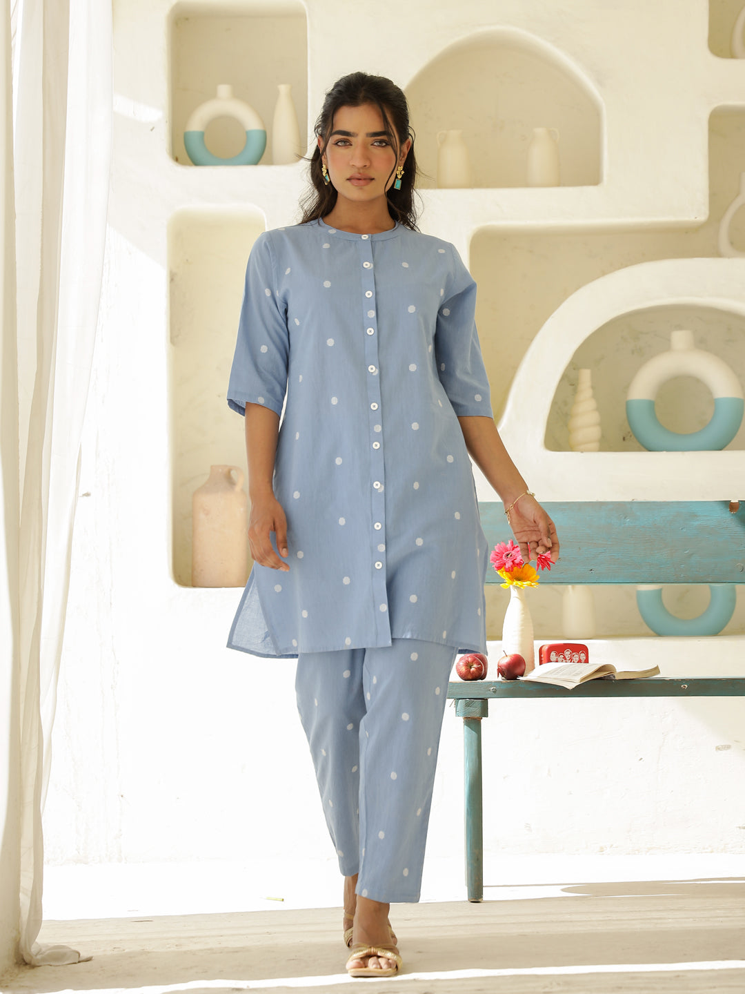 Blue Cotton Three-Quarter Sleeves Polka Dots Kurta & Pyjamas