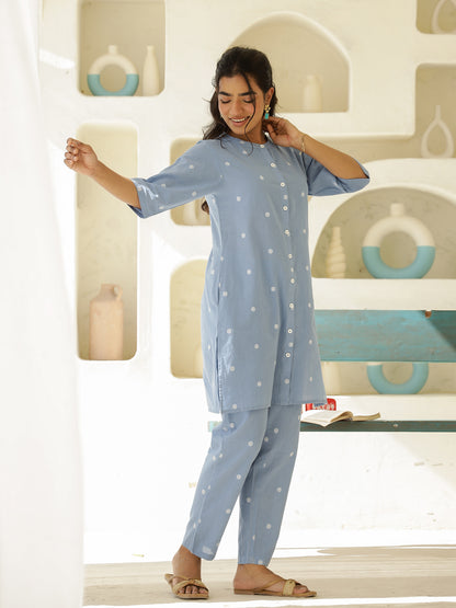 Blue Cotton Three-Quarter Sleeves Polka Dots Kurta & Pyjamas