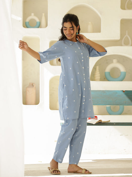 Blue Cotton Three-Quarter Sleeves Polka Dots Kurta & Pyjamas