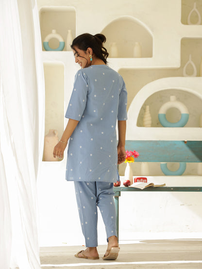Blue Cotton Three-Quarter Sleeves Polka Dots Kurta & Pyjamas