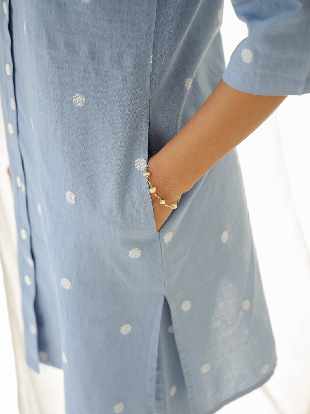 Blue Cotton Three-Quarter Sleeves Polka Dots Kurta & Pyjamas