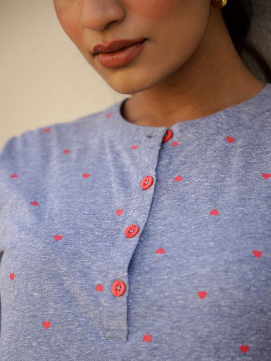 Blue Cotton Three-Quarter Sleeves Graphic Kurta & Pyjamas