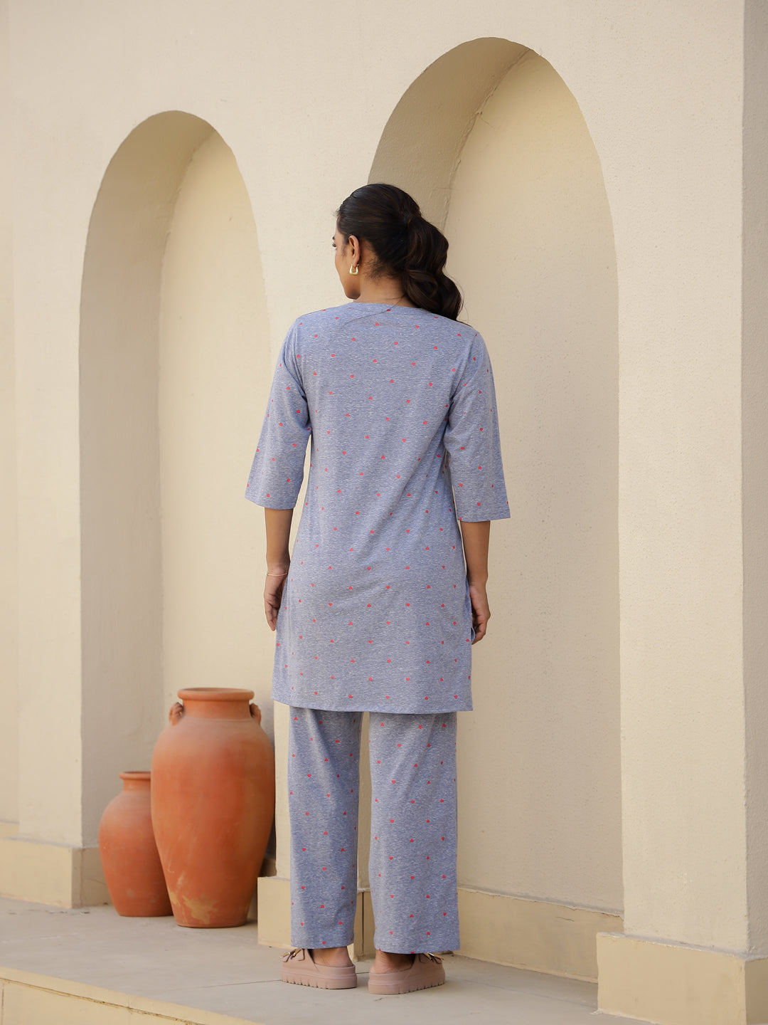 Blue Cotton Three-Quarter Sleeves Graphic Kurta & Pyjamas