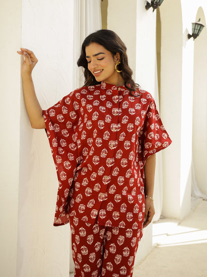 Red Cotton Three-Quarter Floral Co-ord Set