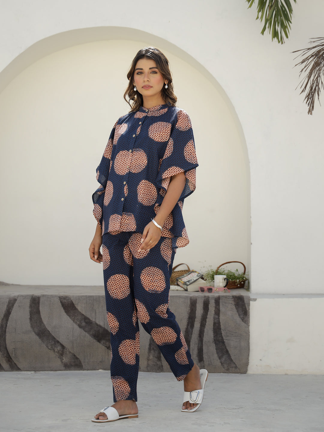 Blue Cotton Three-Quarter Geometric Co-ord Set