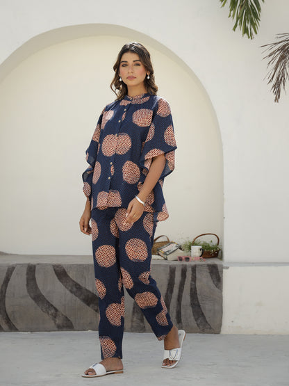 Blue Cotton Three-Quarter Geometric Co-ord Set