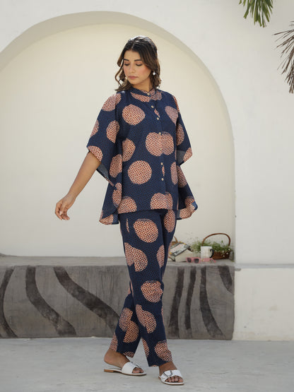 Blue Cotton Three-Quarter Geometric Co-ord Set