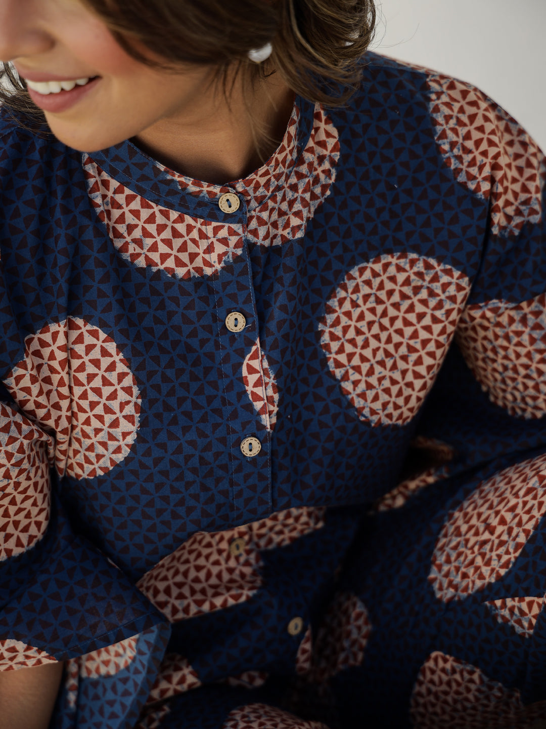 Blue Cotton Three-Quarter Geometric Co-ord Set