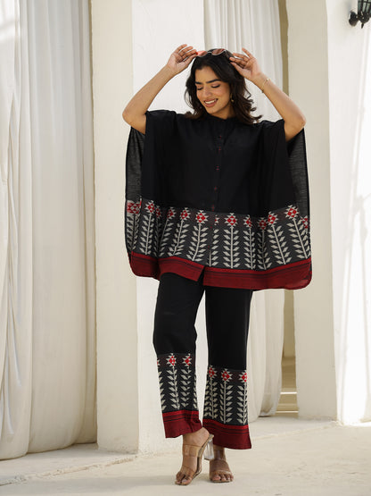 Black Cotton Three-Quarter Floral Co-ord Set