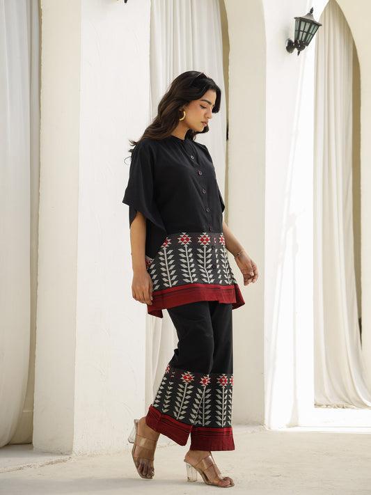 Black Cotton Three-Quarter Floral Co-ord Set