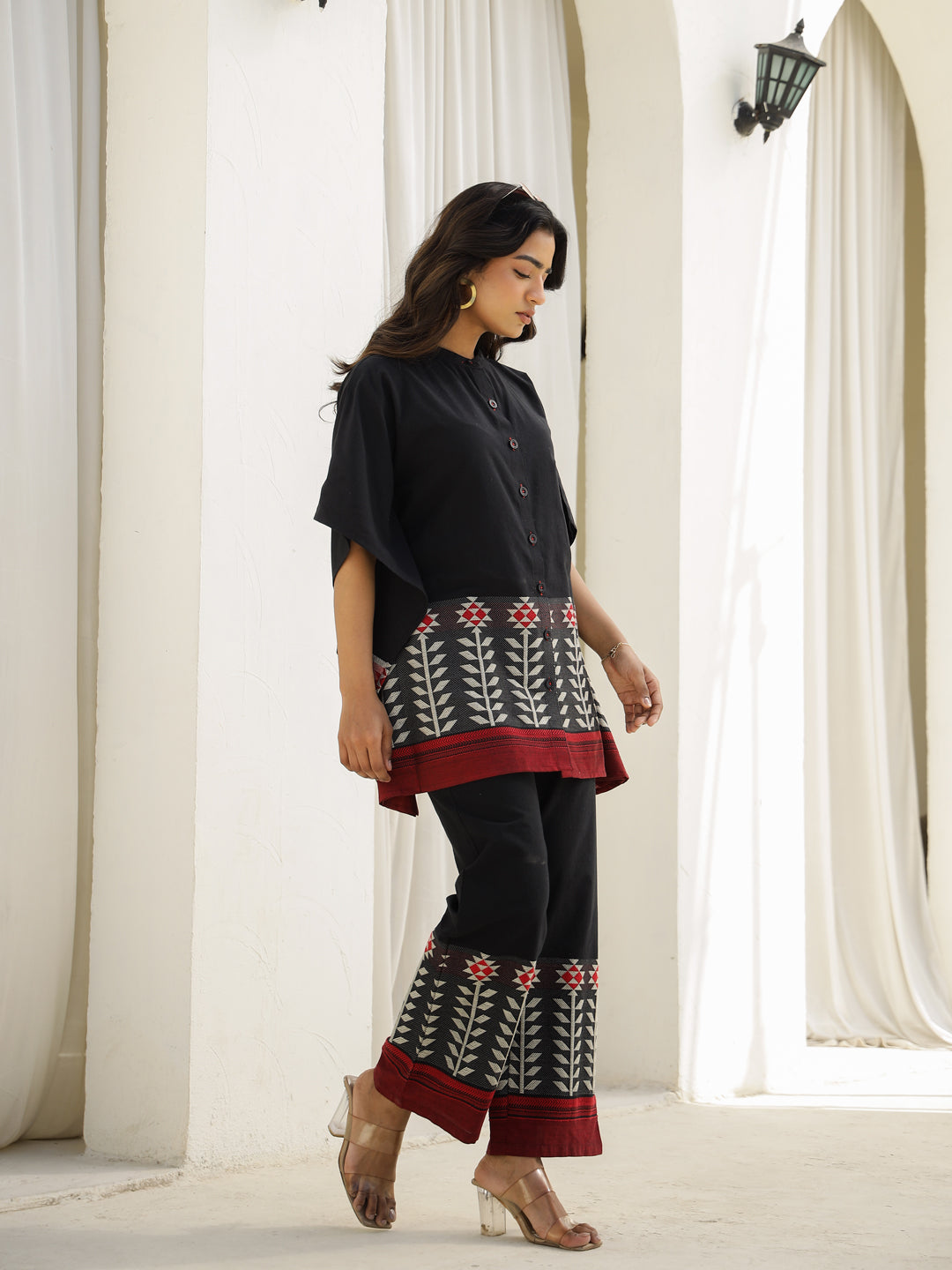 Black Cotton Three-Quarter Floral Co-ord Set