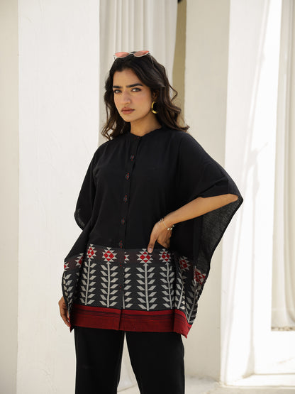 Black Cotton Three-Quarter Floral Co-ord Set