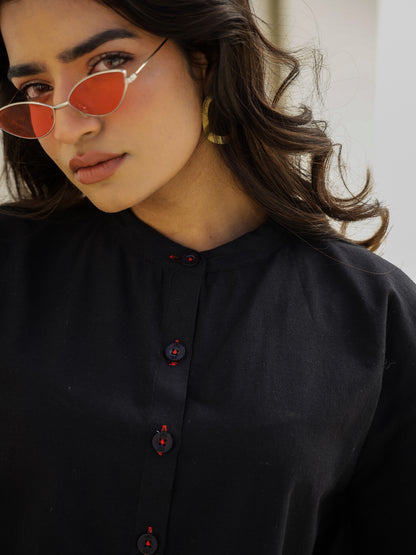 Black Cotton Three-Quarter Floral Co-ord Set