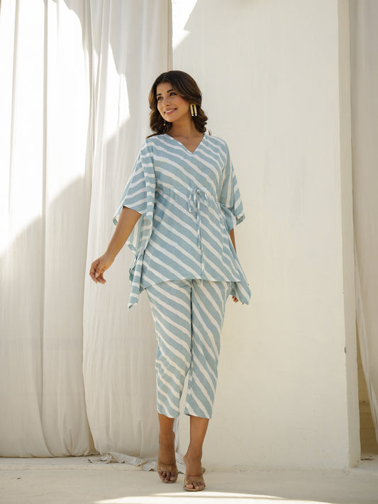 Blue Cotton Three-Quarter Sleeves Striped Kaftan Set