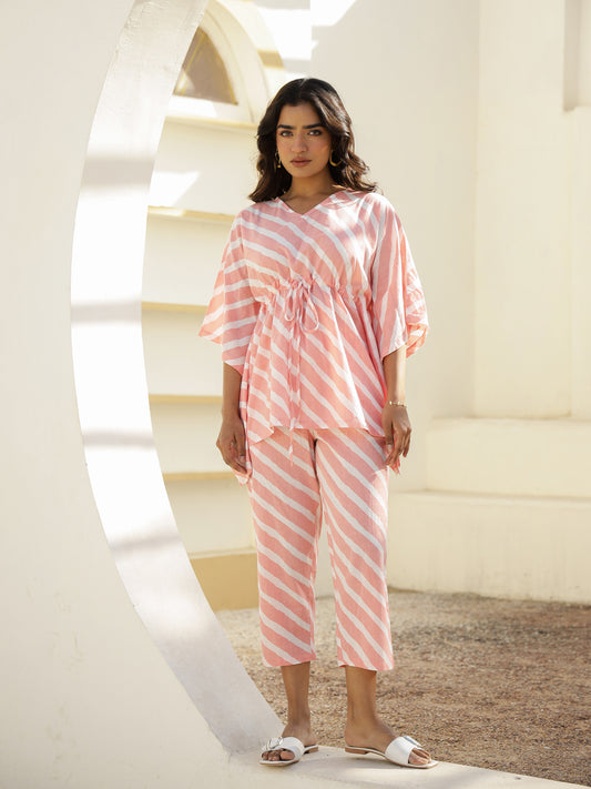 Pink Cotton Three-Quarter Striped Kaftan Set