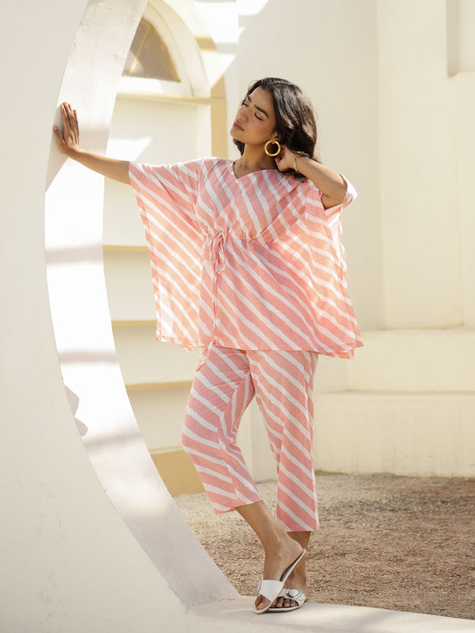 Pink Cotton Three-Quarter Striped Kaftan Set