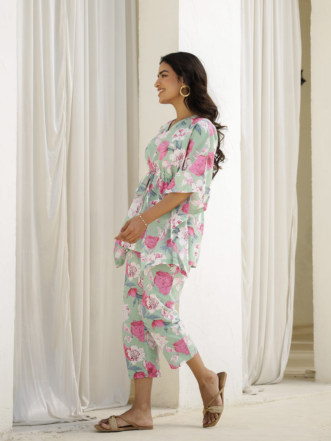 Green Cotton Three-Quarter Floral Kaftan Set