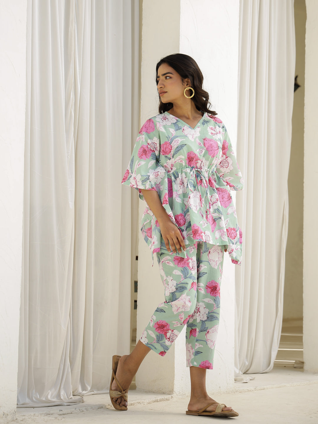 Green Cotton Three-Quarter Floral Kaftan Set
