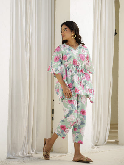 Green Cotton Three-Quarter Floral Kaftan Set