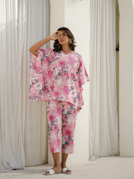 Pink Cotton Three-Quarter Floral Kaftan Set