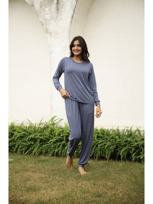 Blue Polka Dots Full Sleeves T-shirt & Pyjamas