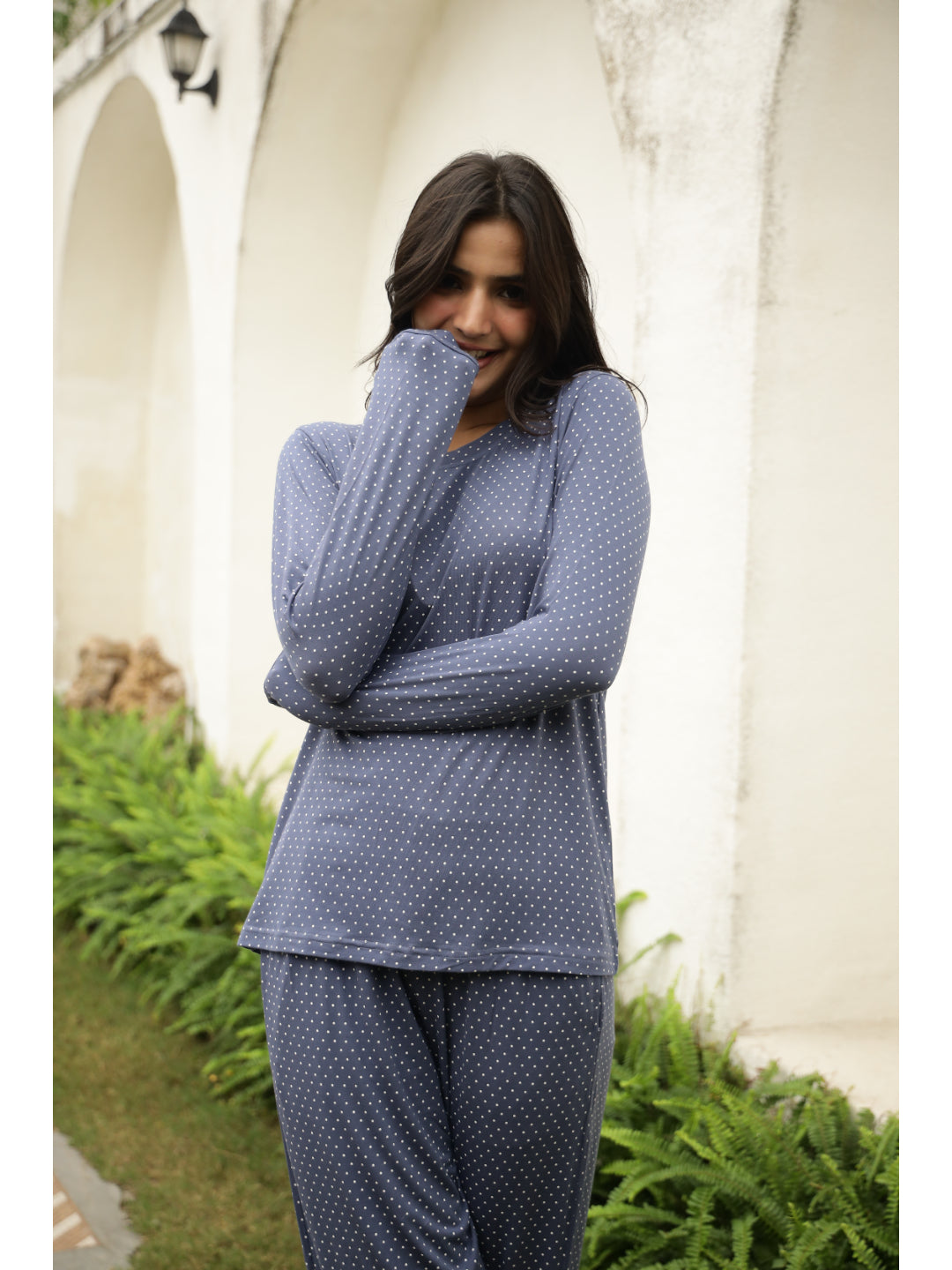 Blue Polka Dots Full Sleeves T-shirt & Pyjamas