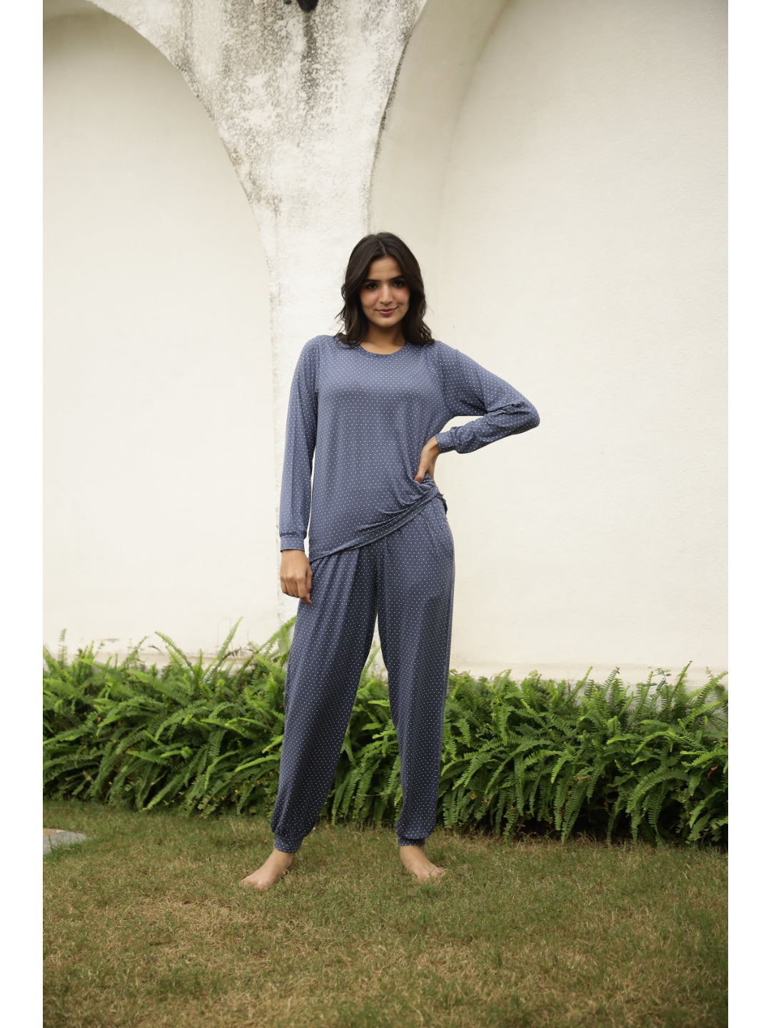 Blue Polka Dots Full Sleeves T-shirt & Pyjamas