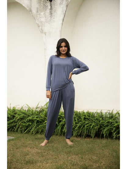 Blue Polka Dots Full Sleeves T-shirt & Pyjamas