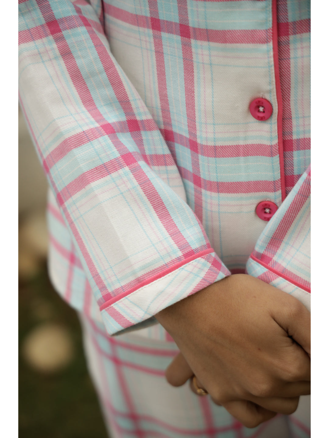 Pink Checked Full Sleeves Night Suit